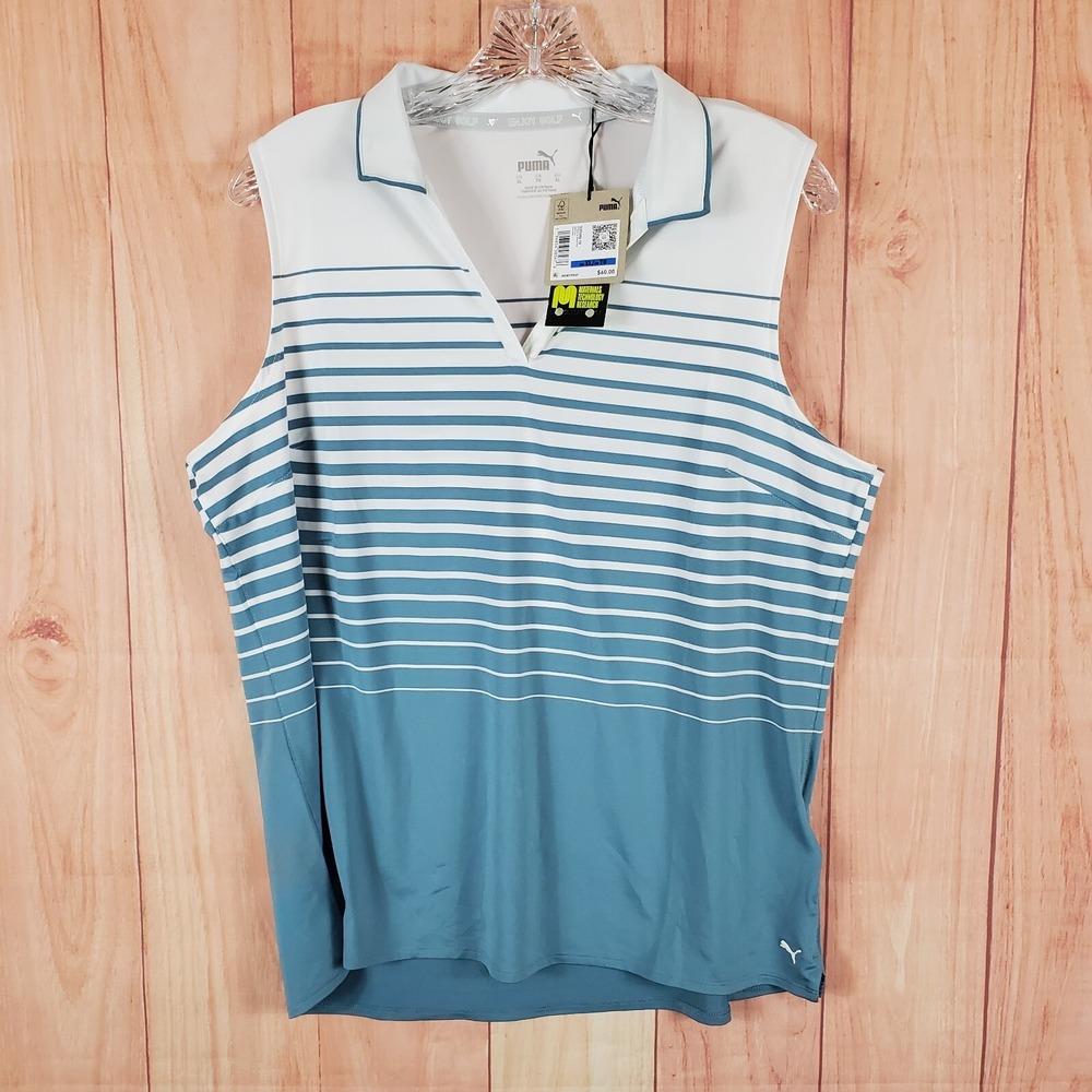 Puma Mattr Womens Polo Shirt XL Blue White Striped Polyester Stretch Sleeveless